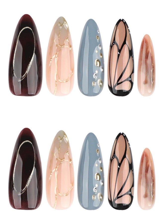 CTTHNBD Press on Nails Almond - Medium Fake Nails with Gold Line Rhinestone Design - Winter False Nails Press Ons - for Women Manicure 24 Pcs - Image 5